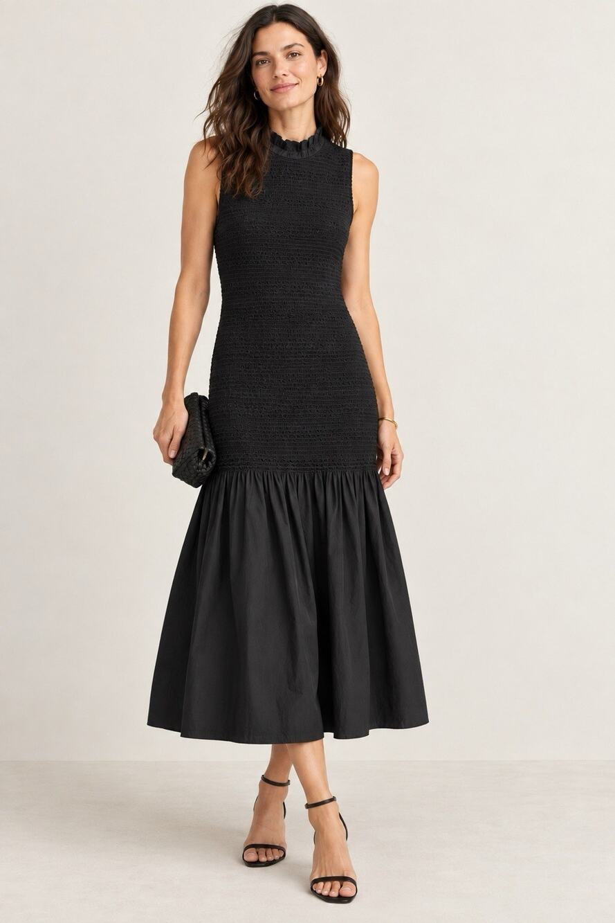 J. Crew Smocked Drop Waist Maxi Dress Womens Small Black Cotton Dark Romance